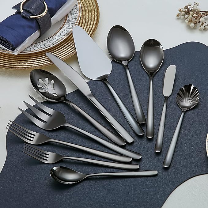 Black Stainless Steel Flatware Set 46 Piece, Cutlery & Utensil Set - Cake Server, Serving Spoon, Fork, Sugar Spoon, Butter Knife (Shiny Black)