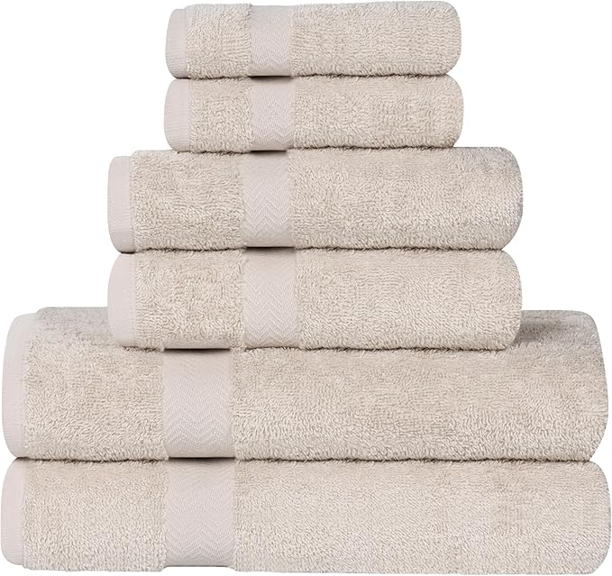 Superior 6-Piece Cotton Assorted Towel Set, Includes 2 Face/Washcloths, 2 Hand, and 2 Bath Towels, Lightweight Essentials, for Home, Gym, Beach, Bathroom, Quick Drying, Franklin Collection, Stone