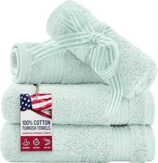 American Veteran Towel, 100% Cotton Turkish Washcloths for Bathroom Essentials 4 Pack, Soft Absorbent Wash Cloths Quick Drying Small Towels Washrags, Mint Green