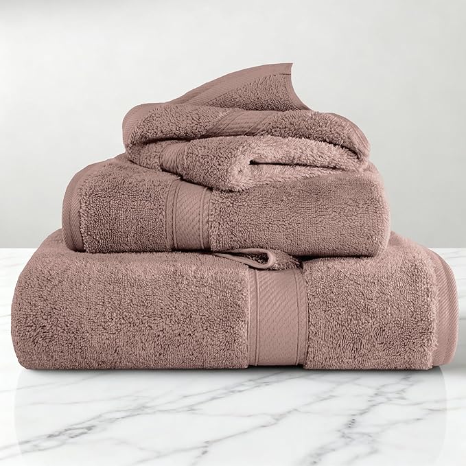 Superior Egyptian Cotton Pile 3-Piece Towel Set, 1 Bath, 1 Hand, 1 Face Towel/Washcloth, Heavyweight, Ultra Soft Luxury Towels, Thick Plush Essentials, Guest Bath, Spa, Hotel Bathroom, Muted Mauve