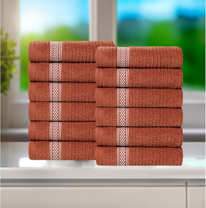 Superior Cotton Face Towel/Washcloth Set, Zero Twist, Ribbed Geometric, Small Facial Towels, Spa, Hotel, Guest, Home, Bathroom Basics, Plush Soft Absorbent, Luxury Quick Drying, Set of 12, Rust