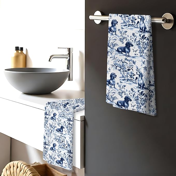 Chinoiserie Dachshund Kitchen Towels, Blue and White Floral Botanical Dachshund Decorative Dish Tea Towels Set of 2, Grandmillennial Weiner Dog Hand Towels for Kitchen Bathroom, 16x24 Inch