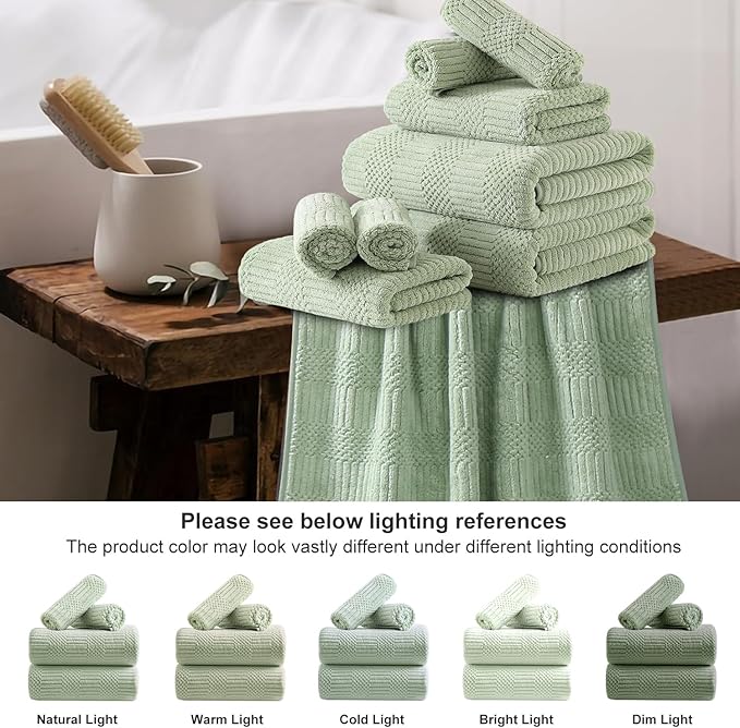 18 Pcs Green Woven Family Towels Set-6 Bath Sheets,6 Hand Towels,6 Washcloths Soft Polyester Towels Absorbent Shower Towel Quick Dry Beach Chair Towel Lint Less Towels Set for Bathroom Spa Gym Hotel