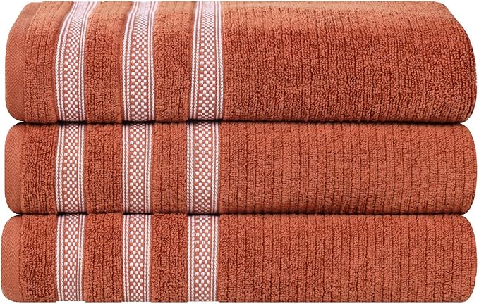 Superior Cotton Bath Towel Set, Zero Twist, Ribbed Geometric, Large Plush Absorbent Body Towels, Luxury Soft Quick Drying, Shower, Spa, Hotel, Pool, Guest Bathroom, Home Essentials, Set of 3, Rust