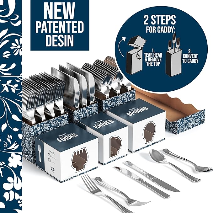 Exquisite Silver Plastic Silverware Heavy Duty 600 Pack - Utensil Caddy For Parties, Utensil Holder For Kitchen Counter 200 Each Plastic Spoons Forks & Knives Set Flatware Sets Disposable Silverware.