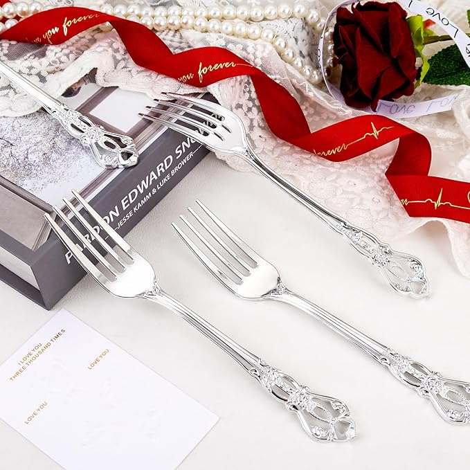 75PCS Silver Plastic Forks - 8.1inch Silver Forks Disposable - Vintage Heavy Duty Dessert Forks - Premium Fancy Plastic Silverware for Parties, Weddings, Dinners and Events