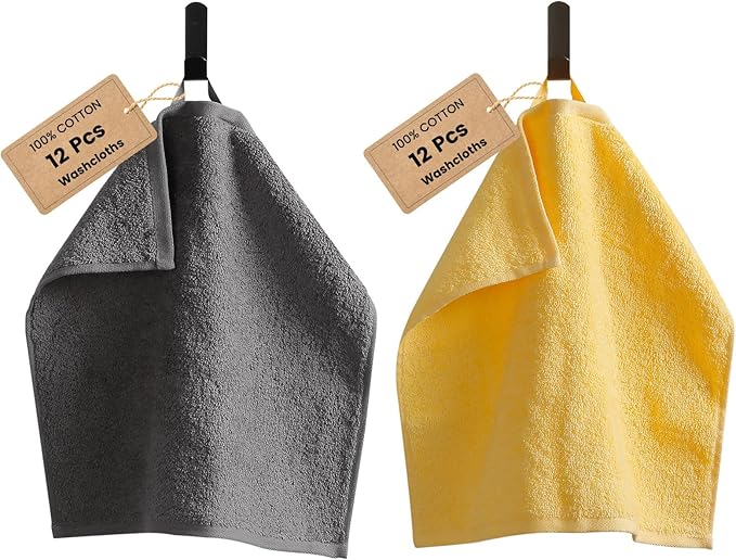 SEMAXE 100% Cotton Washcloths for Bathroom - 24 Pack, Quick-Dry Face Towels with Hanging Loop, Highly Absorbent and Soft, 13x13 Inch, Yellow & Grey