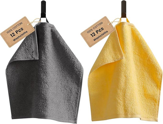 SEMAXE 100% Cotton Washcloths for Bathroom - 24 Pack, Quick-Dry Face Towels with Hanging Loop, Highly Absorbent and Soft, 13x13 Inch, Yellow & Grey