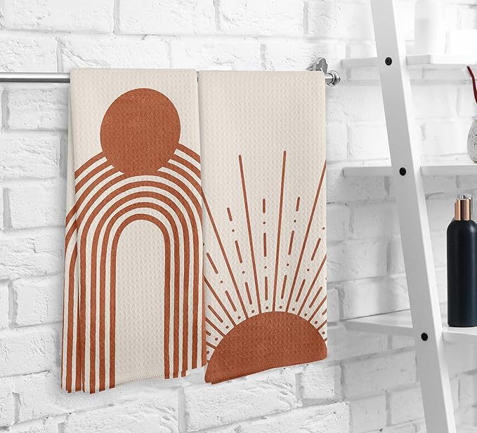 Beige Red Sunrise Moon Rainbow Kitchen Towels and Dishcloths Sets of 2, Bohemian Decorative Towels, Abstract Arch Line Drying Cloth Hand Towels for Bohemian Bathroom Kitchen Decor, 16×24 Inches