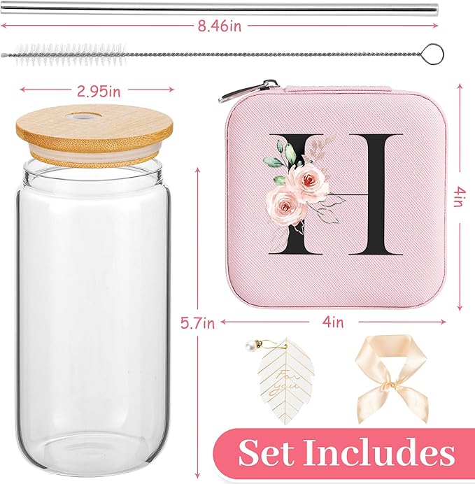 AYGXU mothers day gifts,monogram glass cup,appreciation gifts,Cute Tumbler Cup,bamboo lids for glass cups,Travel Jewelry Organizer,Teen Girls Gifts for Teenage Girls Birthday,Initial H pink