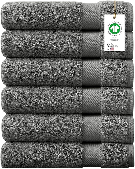 Delara 100% Organic Cotton Towels 650 GSM Plush Feather Touch Quick Dry Bath Towel, Pack of 6 GOTS Certified, Oeko-Tex Green Certified, Organic Cotton Bath Towel, 30"X58"
