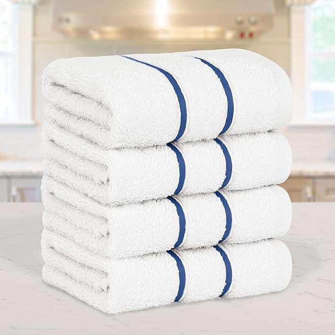 4 Packed White Washcloth Set, 100% Turkish Cotton Washcloths Washrags, Small Hand Face Towels for Bathroom and Kitchen, Navy Blue
