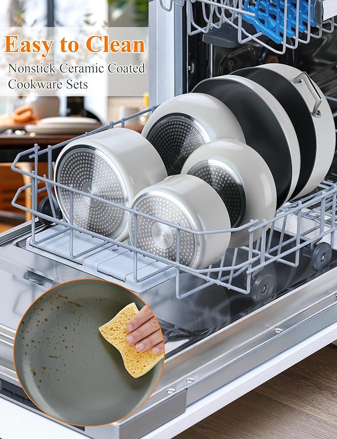 Nonstick Ceramic Cookware Set Healthy Pots And Pans Set Induction Kitchen Cookware sets Non Toxic Pots And Pan Set,PFOA ＆ PTFE Free (18 pcs)