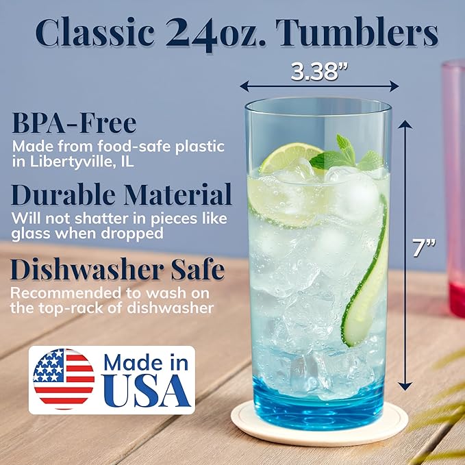 US Acrylic Classic Plastic Reusable Drinking Glasses (Set of 6) 24oz Iced Tea Cups Assorted Colors | BPA-Free Tumblers, Made in USA | Top-Rack Dishwasher Safe