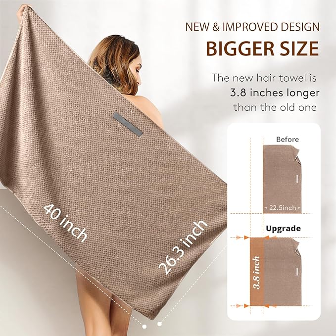 YFONG Large Hair Towel Wrap for Women, Super Absorbent Microfiber Hair Towel for Curly Hair, Fast Drying Hair Turbans with Elastic,Hair Drying Towel Wrap for Hair Care Anti Friz 26.3" X 40" (Brown)