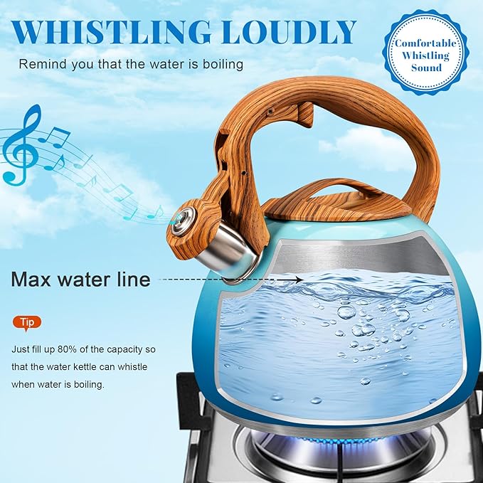 GGC Tea Kettle for Stove Top, 3.1QT/3L Whistling Tea Kettles for Boiling Water Coffee or Milk, Gradient Blue Tea Pot with Wood Parttern Handle, Stainless Steel Tea Pots for Home and Kitchen
