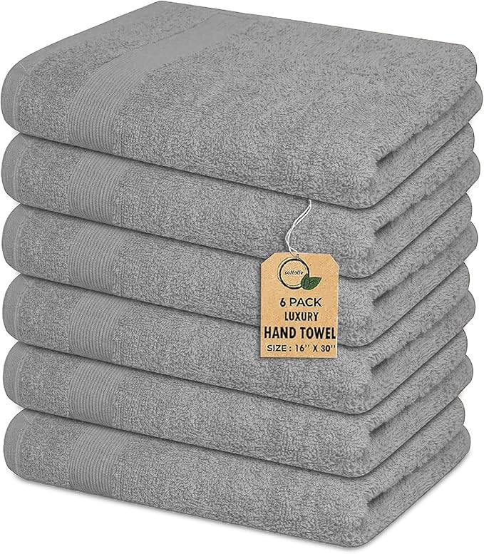 Premium Hand Towels Pack of 6 (16" x 30”) 100% Combed Ring Spun Cotton | Highly Absorbent Hand Towels Set | Ultra Soft for Home, Gym & Spa (Silver Grey)