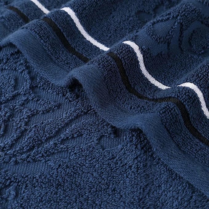 Superior Cotton 6 Piece Towel Set, 2 Bath, 2 Hand, 2 Washcloth/Face Towels, Quick Dry, Home Essentials, Shower, Spa, Luxury Plush Soft Absorbent Towels, Zero-Twist, Jacquard Floral, Navy Blue