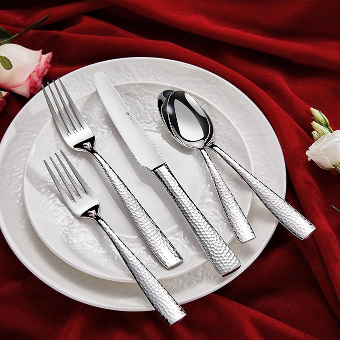 KEAWELL Premium 8-Piece 7.6 inch Louis Hammered Fork Set, 18/10 Stainless Steel, Squared Edge with Smooth Rounded Edges for Enhanced Comfort, Dishwasher Safe (8, 7.6" Salad Fork)