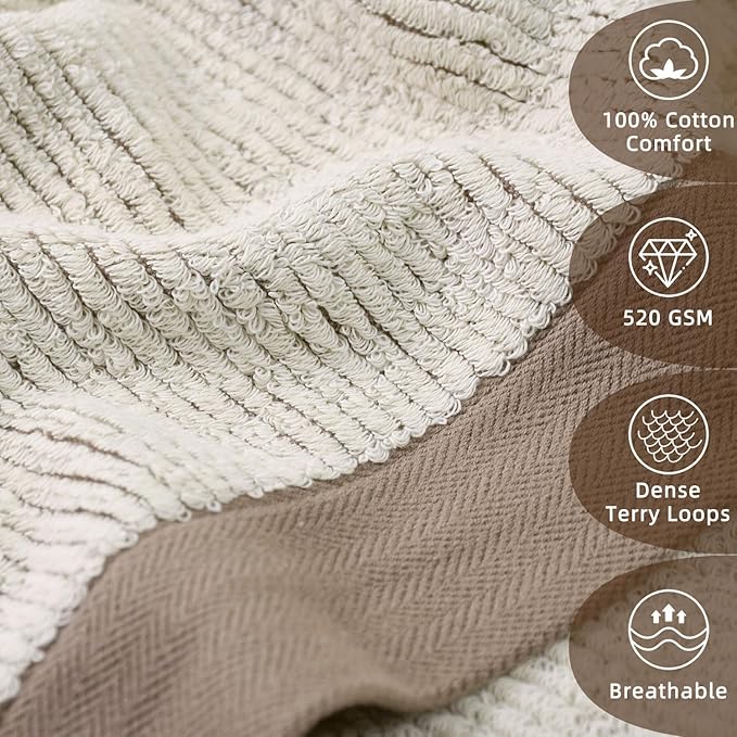 Cleanbear Bathroom Towels Set 4 Piece, 100% Cotton, Ultra Soft, Absorbent and Quick Dry Towel Set, 1 Bath, 1 Hand, 2 Washcloths, Light Beige with Brown Border, Suitable for Men and Women