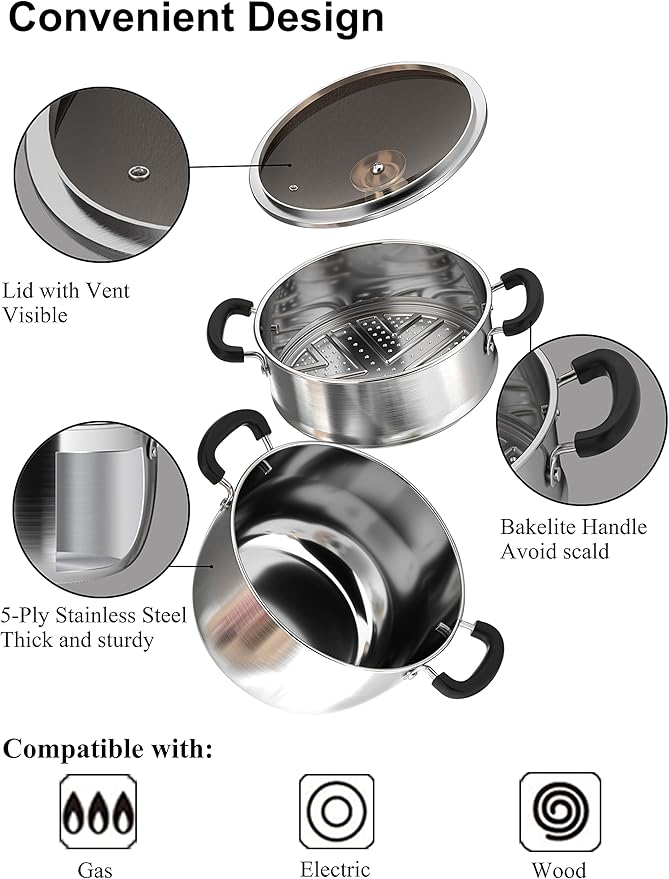 VENTION 8.7 Inch Small Vegetable Steamer Pot, 3.3 QT Stainless Steel Steamer for Cooking, Steam Pot(22cm)