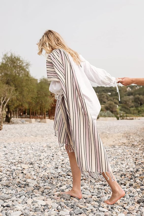 Madamelique Lavender Beach Towel with Beach Bag - 39 x 74 - Prewashed Cotton - Quick Dry - Sand Free - Hand Loomed Turkish Bath Towels