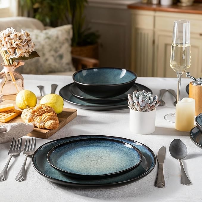 AmorArc Ceramic Dinnerware Sets,Handmade Reactive Glaze Stoneware Plates and Bowls Set,Highly Chip and Crack Resistant | Dishwasher & Microwave Safe Dishes Set,Service for 4 (12pc)