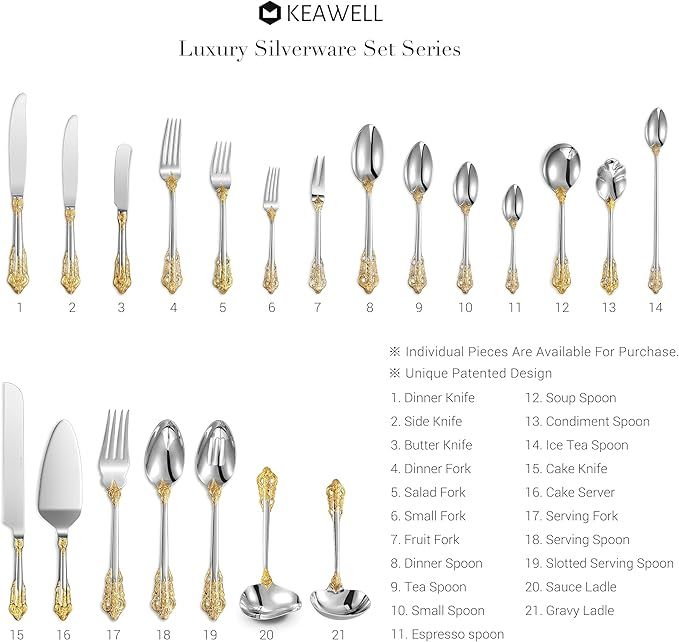 KEAWELL Gorgeous Wedding Cake Knife and Server Set, 18/10 Stainless Steel, Fine Luxury Cake Cutting Set (Gold Accent)
