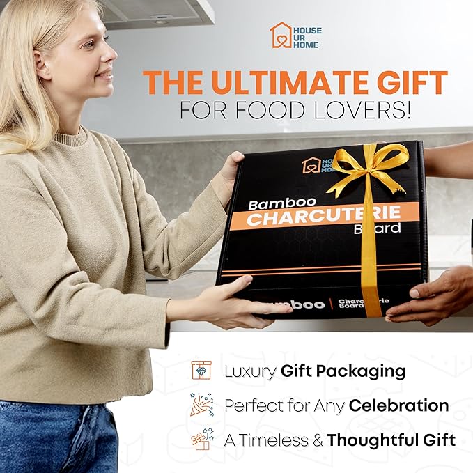 Large Bamboo Charcuterie Board Gift Set – 4 Hidden Drawers, Cheese Knives, Ceramic Bowls & Plates – Perfect Christmas, Holiday, or Housewarming Gift
