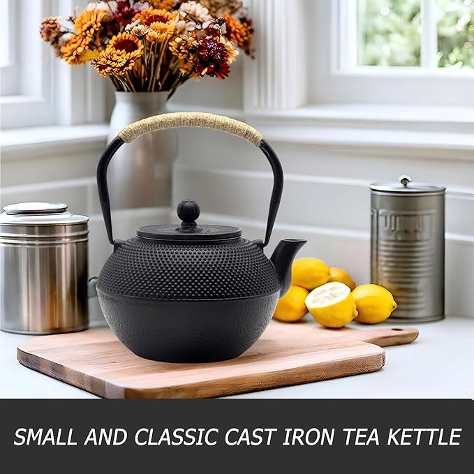YJX Cast Iron Tea Pot Set, Japanese Tetsubin, 40.6oz Tea Kettle for Stovetop, Black Teapot with Stainless Steel Infuser for Loose Leaf Tea, 1200ml Small Asian Tea Set with Teacups