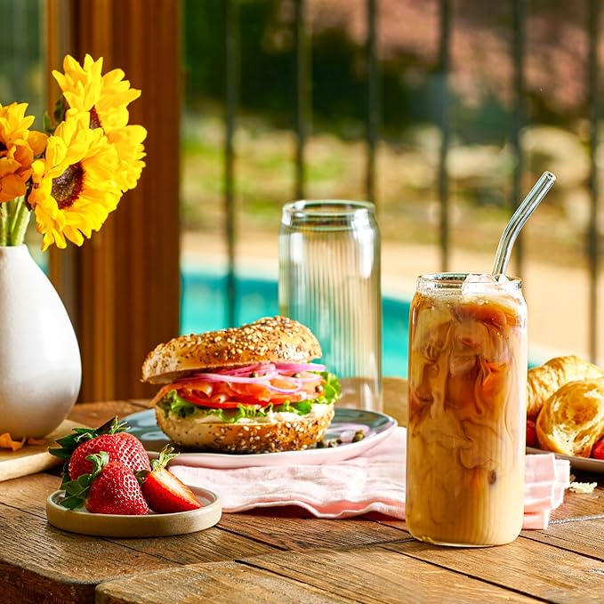 Set of 6 Ribbed Can Shaped Glass Cups with Glass Straws - 16oz Can Glass Drinking Glasses, Iced Coffee & Ice Tea Glasses, Clear Kitchen Tumbler Cup Cocktail Glass for Soda, Kiddush Cups & Sets