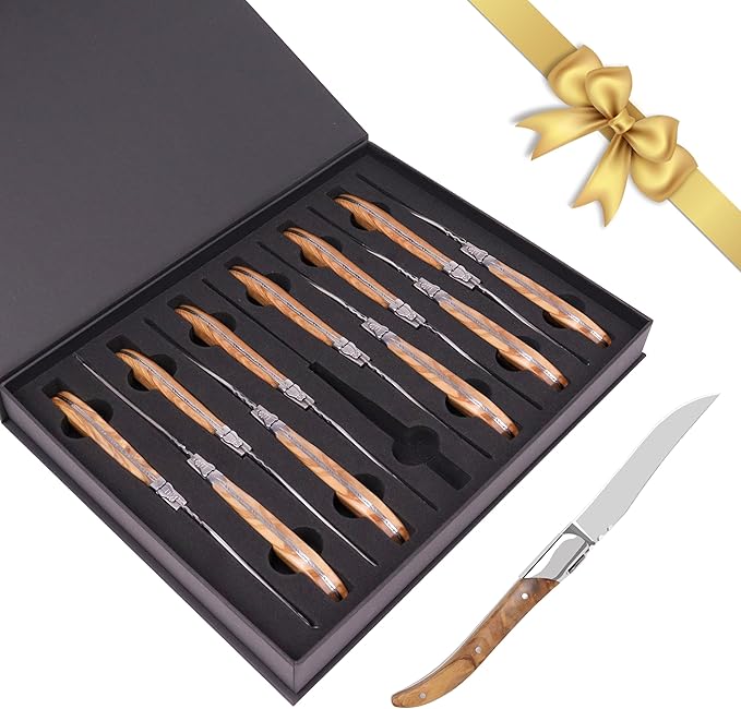 Laguiole Style Steak Knife Set of 12, Non-serrated Steak Knife Set with Olive Wood Handle, Sharp Stainless Steel Steak Knives with Gift Box, Dinner Cutlery Set for Home Party