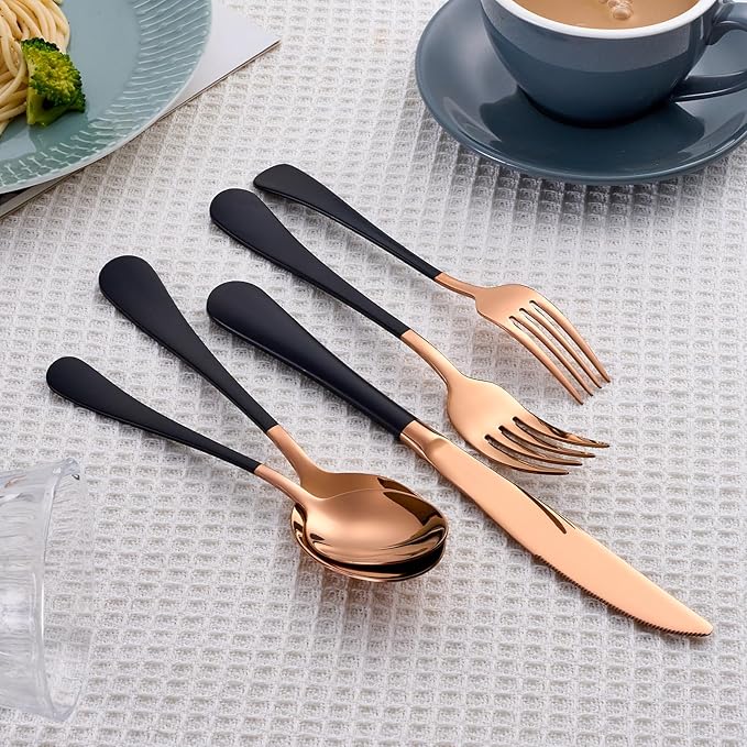 20 Piece Rose Gold and Black 18/0 Flatware Utensil Set for 4, Include Dinner Knife,Dinner Forks,Dinner Spoons,Salad Forks,Teaspoons,Silverware Set for 4, Dishwasher Safe