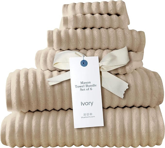 Blue Loom Ribbed Bath Towels Set, 100% Cotton 600GSM, Soft Absorbent Durable 2 Bath Towels, 2 Hand Towels, 2 Wash Cloths for Bathroom - Mason (58" x 30" inch Towels) (Ivory, 6 Piece)
