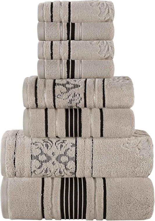 Superior Cotton 8 Piece Assorted Floral Towel Set, Includes 2 Bath, 2 Hand, 4 Washcloth/Face Towels, Quick Dry, Home Essentials, Shower, Spa, Luxury Plush Soft Absorbent Towels, Zero Twist, Stone