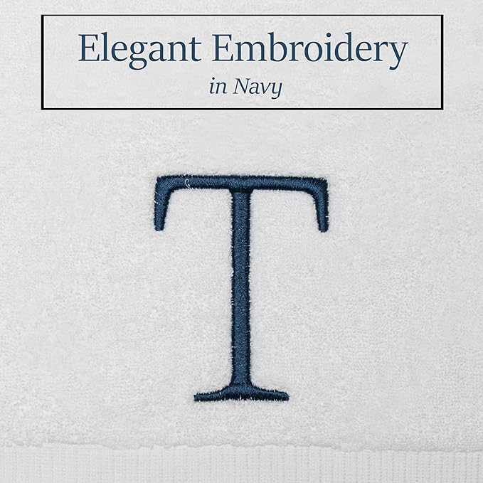 Monogrammed Hand Towels for Bathroom - Luxury Hotel Quality Personalized Initial Decorative Embroidered Bath Towel for Powder Room, Spa - GOTS Organic Certified - Set of 2 Navy Letter T
