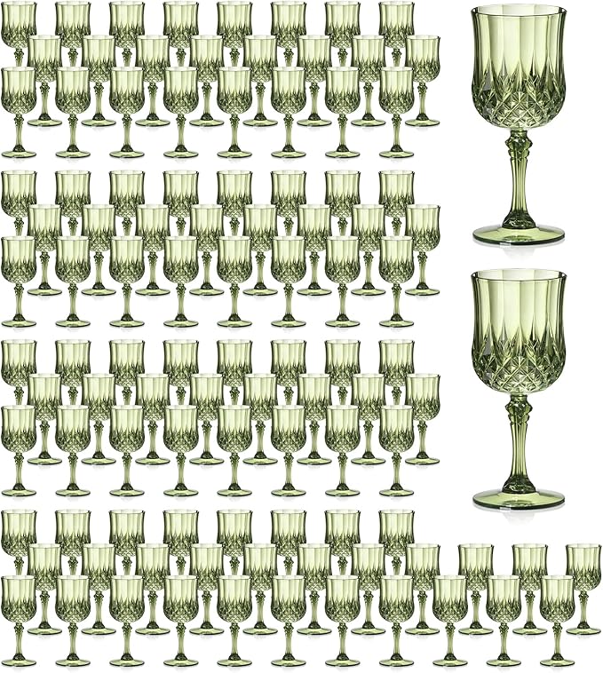 XUWAIDSGN 7oz Plastic Vintage Wine Glasses Drinking Glasses Unbreakable Wedding Glassware Crystal Water Goblets Reusable Drinkware Vintage Champagne Flutes (100, Dark Green)