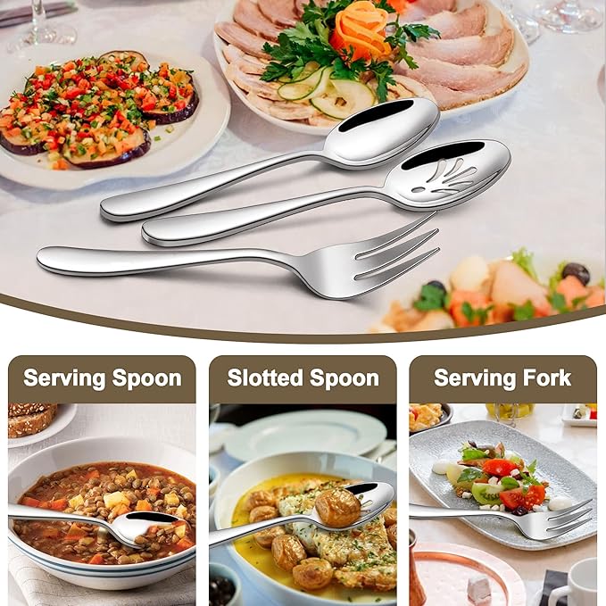 46-Piece Heavy Duty Silverware Set of 8, LIANYU Stainless Steel Flatware Set with Serving Utensils, Thick Cutlery Eating Utensils Include Fork Knife Spoon, Mirror Finished, Dishwasher Safe