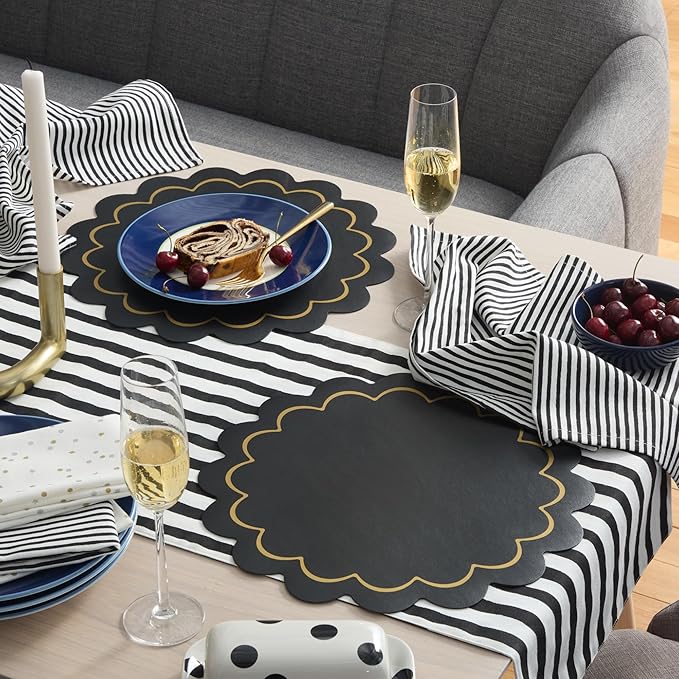 Kate Spade New York Scallop Edge Round Reversible Placemats 6-Pack Set, Imitation Leather with Metallic Print, Water Resistant, Easy Wipe Clean, Black/Gold, 15" Round