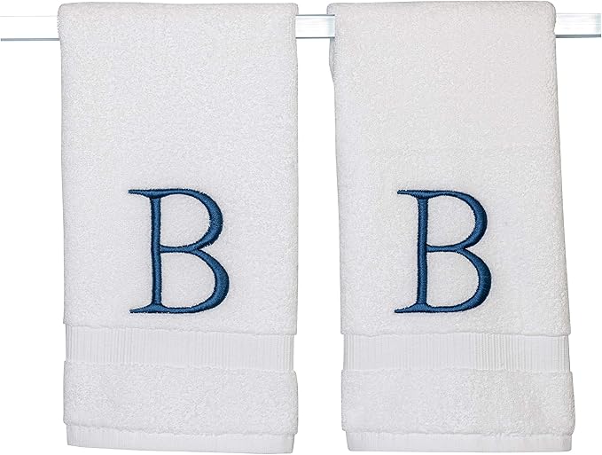 Monogrammed Hand Towels for Bathroom - Luxury Hotel Quality Personalized Initial Decorative Embroidered Bath Towel for Powder Room, Spa - GOTS Organic Certified - Set of 2 Navy Letter B