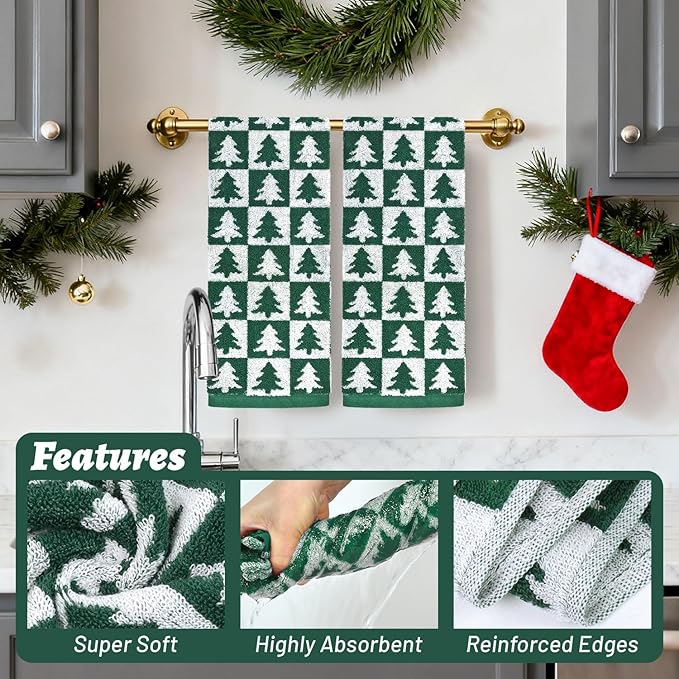 Jacquotha Christmas Hand Towels Set - 4-Piece Green Checkered & Tree Towels for Bathroom Kitchen Decor, Holiday Winter Cheer, Cotton, 13” x 29”