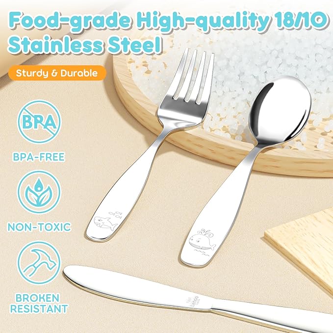 Lehoo Castle Kids Silverware Stainless Steel 6 Piece - Toddler Spoons and Forks Knife Set, Metal Kids Cutlery Set, Toddler Utensils Self Feeding (Ocean Park)