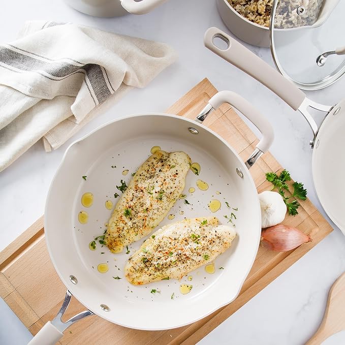 Martha Stewart Heathland Premium Nonstick PFA Free Ceramic Interior 10-Piece Tapered Aluminum Cookware Set - Taupe