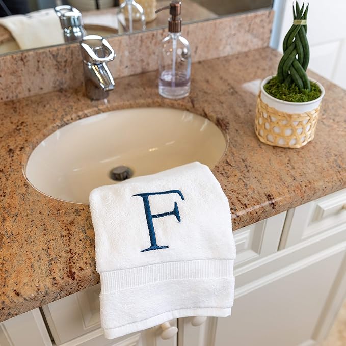 Monogrammed Hand Towels for Bathroom - Luxury Hotel Quality Personalized Initial Decorative Embroidered Bath Towel for Powder Room, Spa - GOTS Organic Certified - Set of 2 Navy Letter F