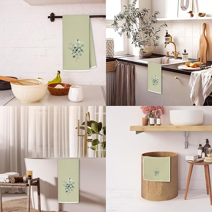 Sage Green Eucalyptus Bathroom Hand Towels, Farmhouse Cottagecore Green Leaves Botanical Decorative Hand Towels for Bathroom, 16x24 Inch