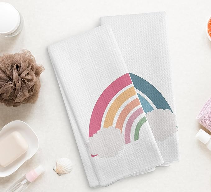 Boho Nursery Pink and Blue Rainbow Cloud Bohemian Kitchen Towels and Dishcloths Set of 2,Boho Absorbent Drying Cloth Hand Towels Tea Towels for Bathroom Kitchen,Boho Gifts for Teen Girls,16×24 inches