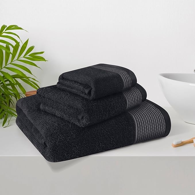 Belizzi Home Ultra Soft 3 Pack Cotton Towel Set, Contains a Bath Towel 28x55 inch, a Hand Towel 16x24 inch & a Wash Coth 12x12 inch, Ideal Everyday use, Compact & Lightweight -Black