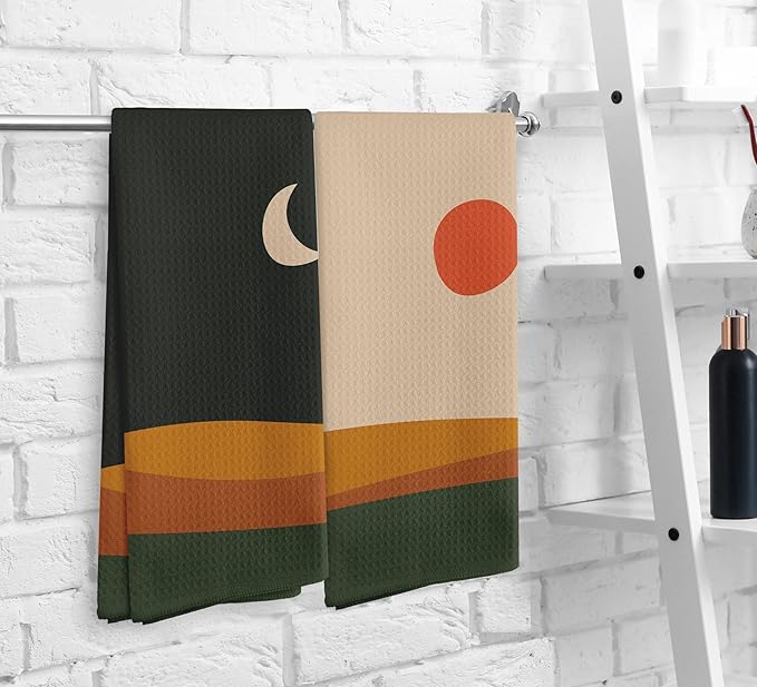 Abstract Boho Sun Moon Mountain Lake Landscape Kitchen Towels and Dishcloths Sets of 2,Boho Absorbent Drying Cloth Hand Towels Tea Towels for Bathroom Kitchen,Boho Gifts for Women Girls,16×24 inches