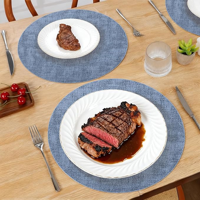 Maxpearl Round Placemats Set of 6, 13.8 inch Faux Leather Heat Resistant Table Mats, Non Slip Waterproof Wipeable Place Mats for Kitchen Dining Holiday Party Table Settings, Blue