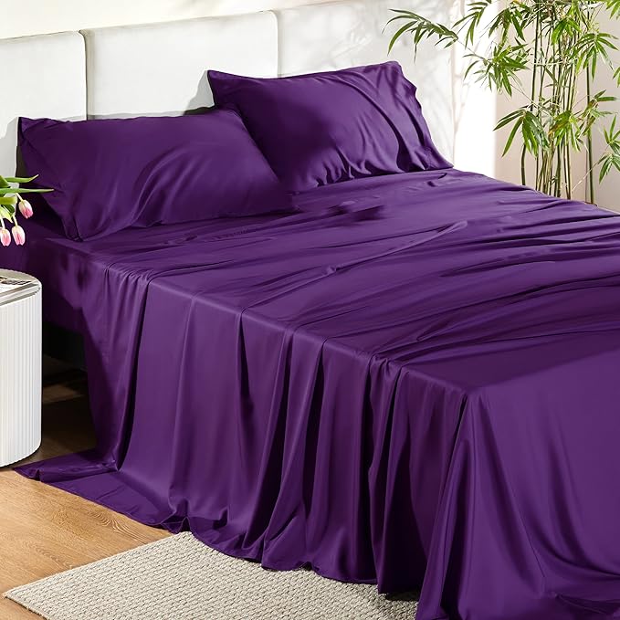 Bedsure Full Size Bed Sheets, Cooling Sheets, Rayon Derived from Bamboo, Breathable & Soft, Deep Pocket Up to 16 Inches, Hotel Luxury Silky Bedding for Hot Sleepers, Plum